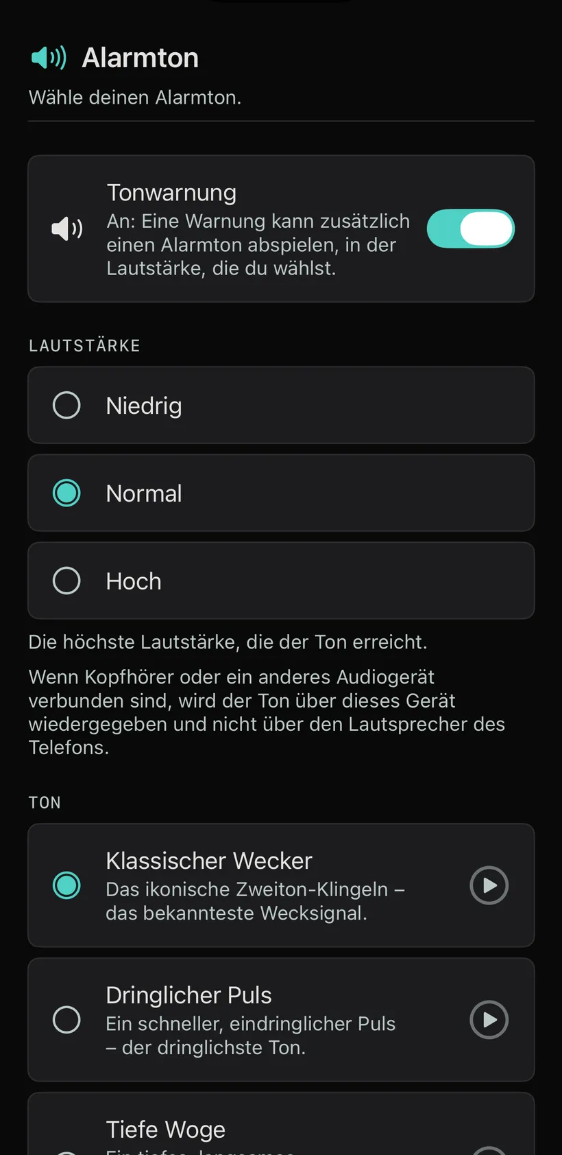 Die Auswahl der Weckklänge: drei Wecktöne zum Anhören und Auswählen.