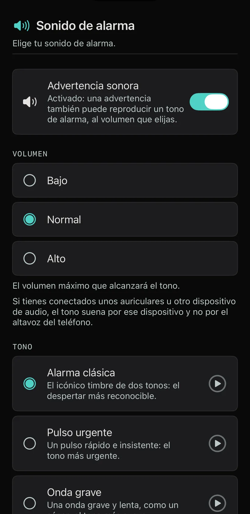 El selector de sonidos de alarma: tres tonos de alarma para escuchar y elegir.