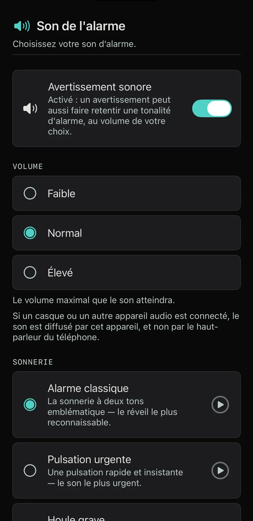 Le sélecteur de sons de réveil : trois tonalités de réveil à écouter et à choisir.