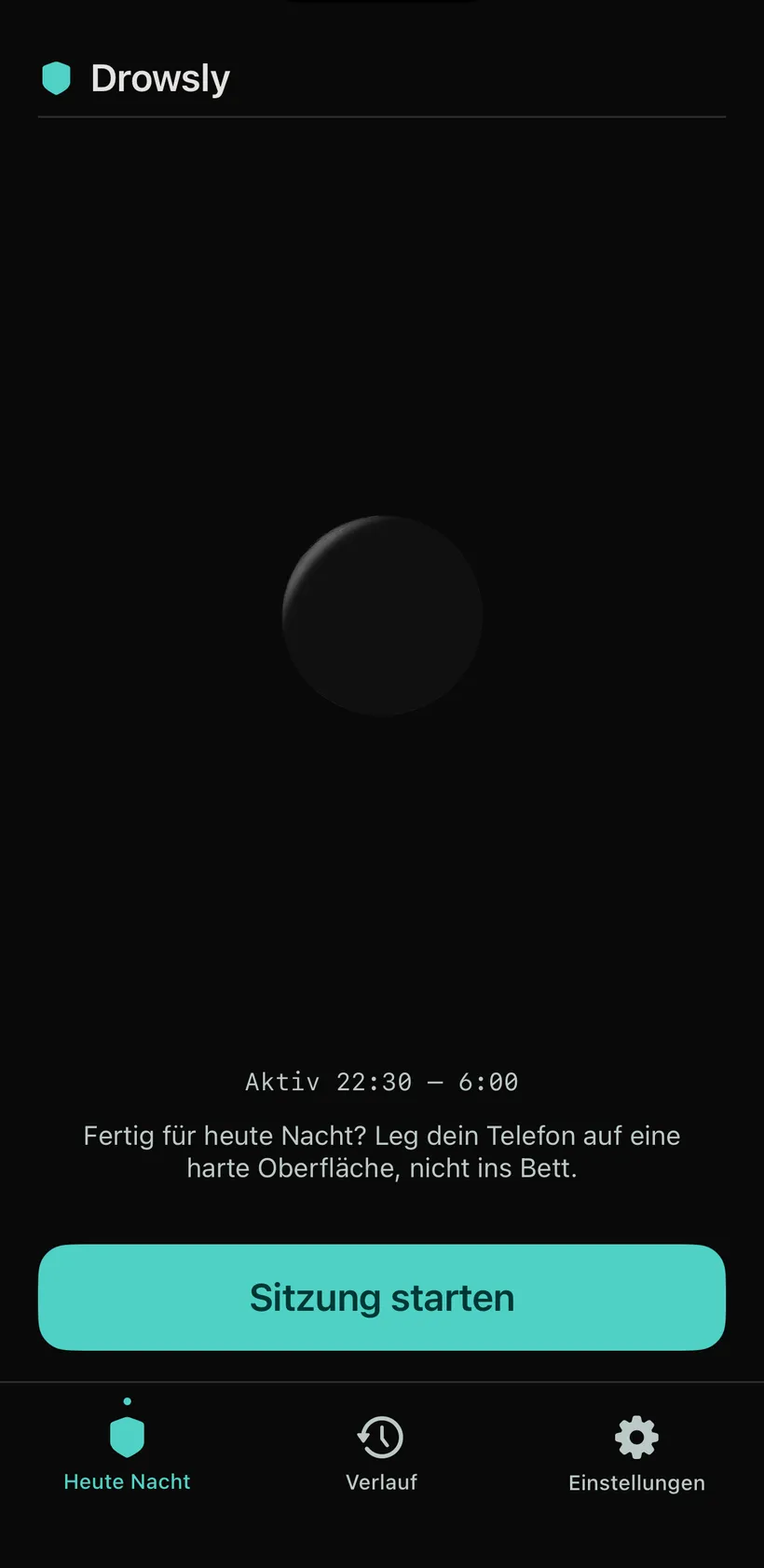 Der ‚Heute Nacht‘-Bildschirm in Ruhe: eine gedämpfte Mondsichel, die aktiven Stunden und eine Schaltfläche zum Starten der Sitzung.