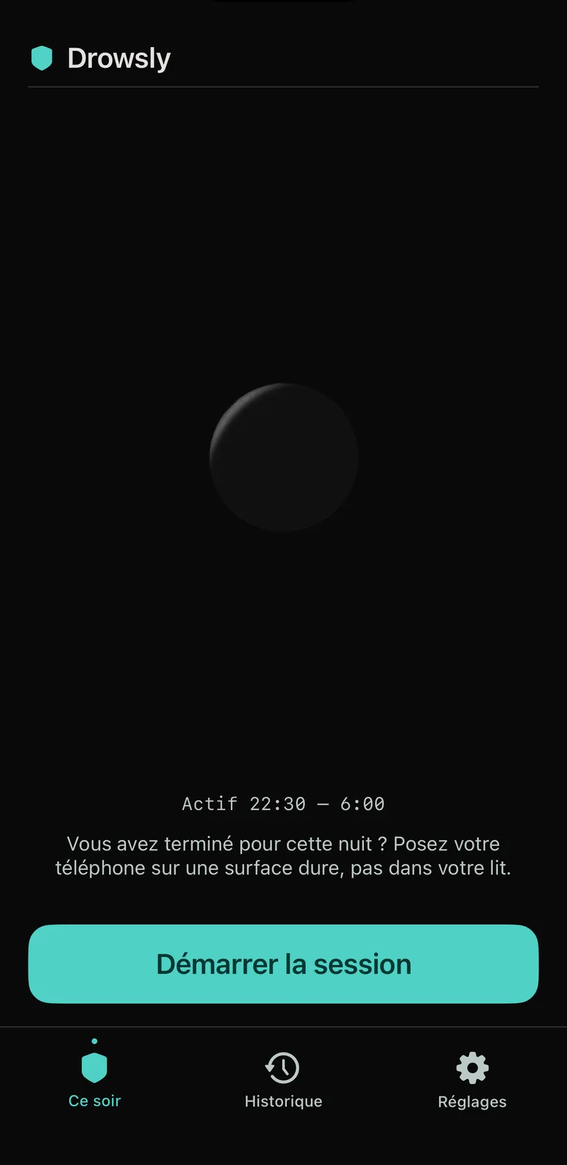 L’écran « Ce soir » au repos : un croissant de lune tamisé, les heures actives et un bouton pour démarrer la session.