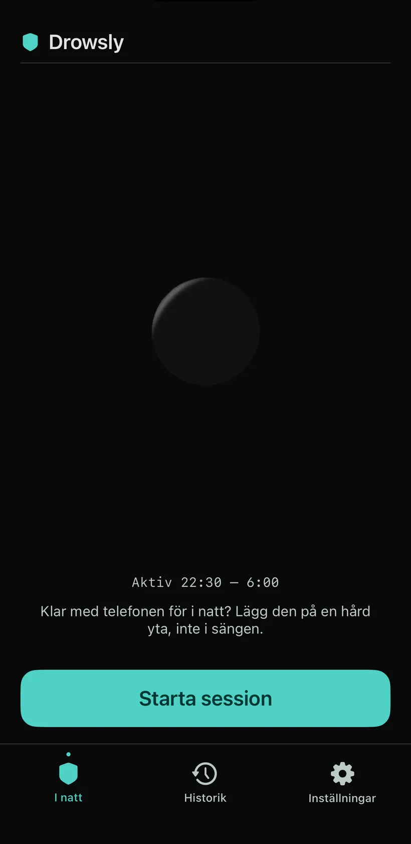 I natt-skärmen i vila: en dämpad månskära, de aktiva timmarna och knappen 'Starta session'.