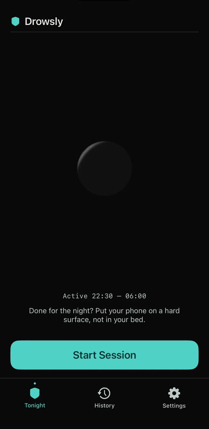 La schermata «Tonight» a riposo: una falce di luna fioca, le ore attive e il pulsante «Start Session».